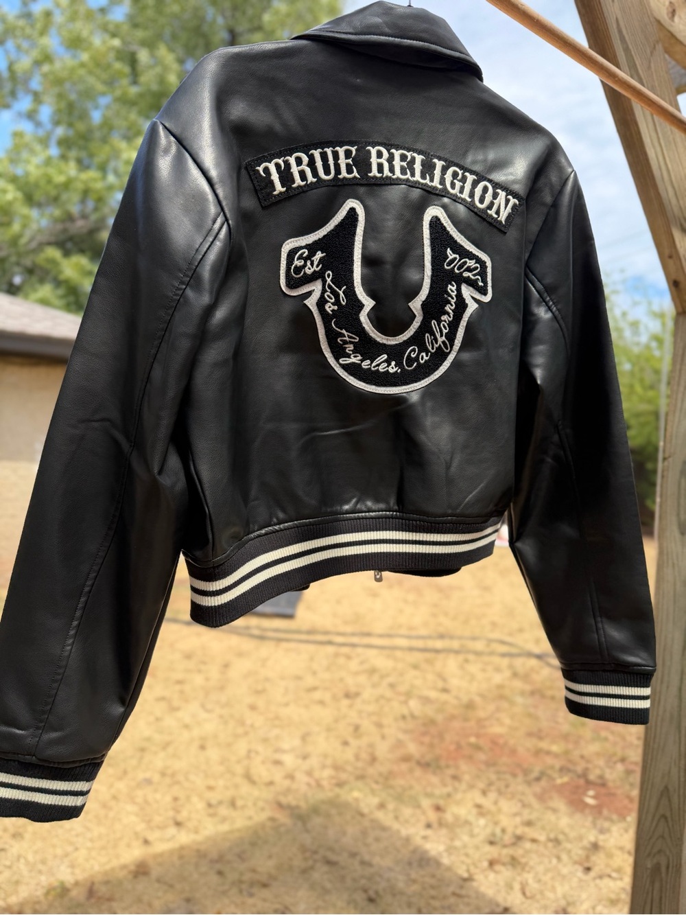 True Religion Black Leather Bomber Jacket with White Logo Patch